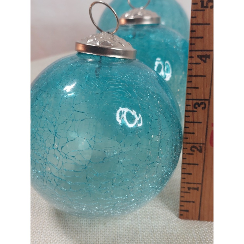 Set Of 3 Large Aqua Blue Crackle Glass Christmas Ornaments Coastal Beach 4" - Picture 7 of 15